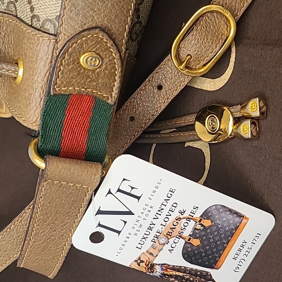 GUCCI ACCESSORIES VINTAGE 70’S WEB SHERRY DRAWSTRING GG SUPREME COATED BUCKETBAG - Picture 7 of 17